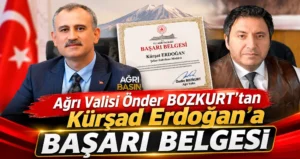 Ağrı Valisi Bozkurt’tan Şeker Fabrikası Müdürü Erdoğan’a Başarı Belgesi