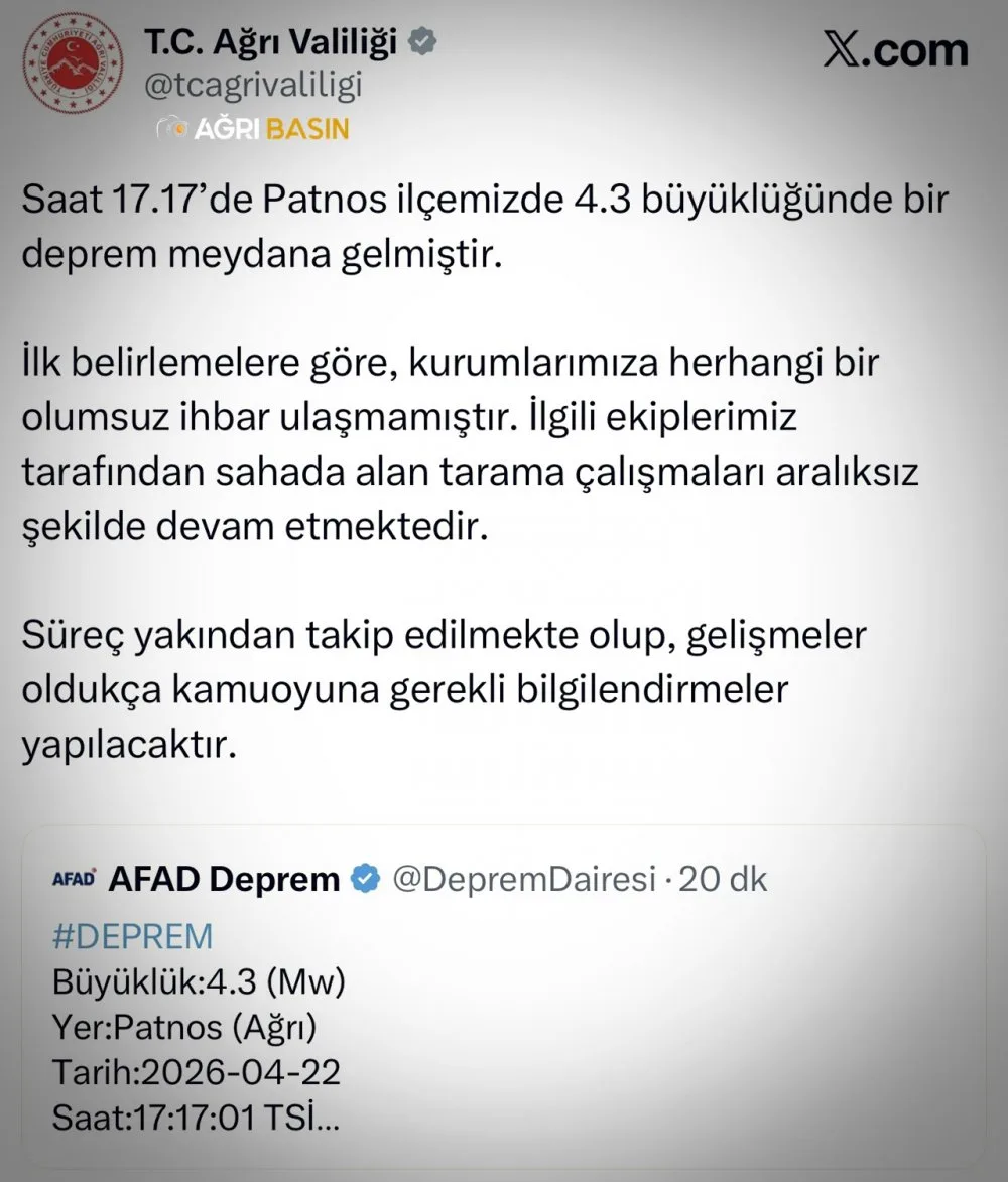 Ağrı Patnos’ta 4.3’lük Deprem Korkuttu