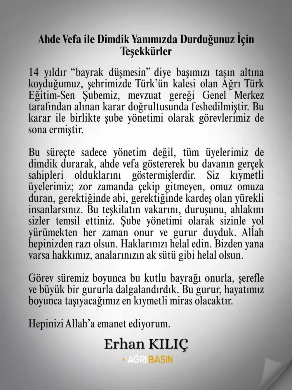 Türk Eğitim-Sen Ağrı Şubesi Feshedildi