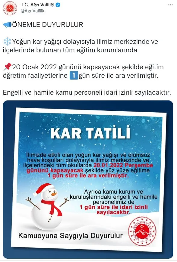 Ağrı'da Eğitim Öğretime 1 Gün Ara Verildi
