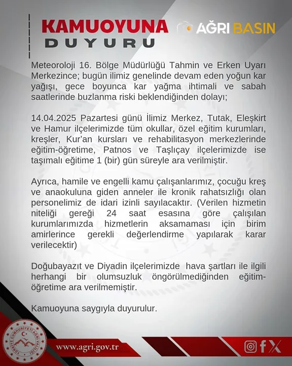 Ağrı’da Yoğun Kar Yağışı Nedeniyle Kar Tatili