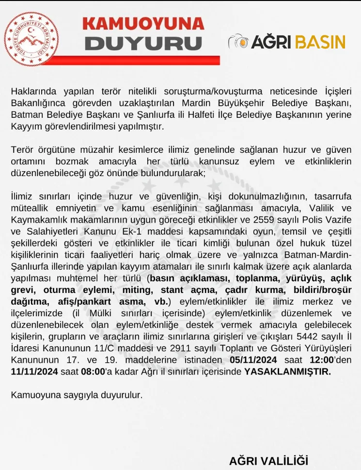 Ağrı'da 6 Gün Boyunca Eylem ve Etkinlikler Yasaklandı