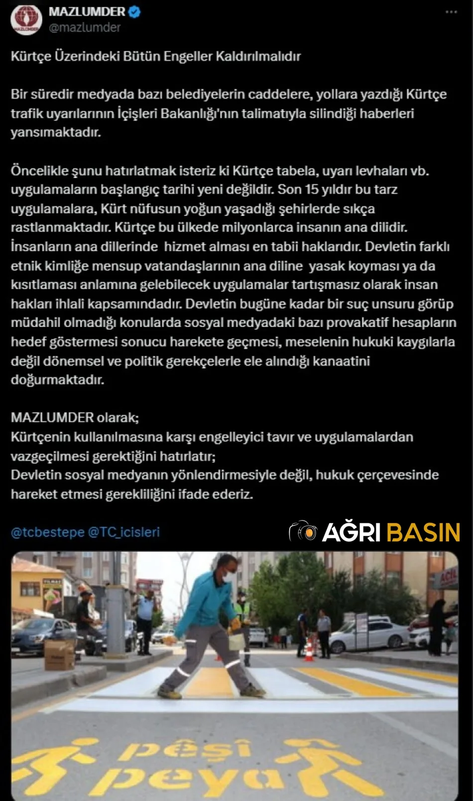 Kürtçe Trafik İşaretlemeleri Kaldırıldı, MAZLUMDER Tepkili