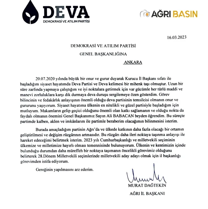 DEVA Partisi Ağrı İl Başkanı Murat Dağtekin İstifa etti